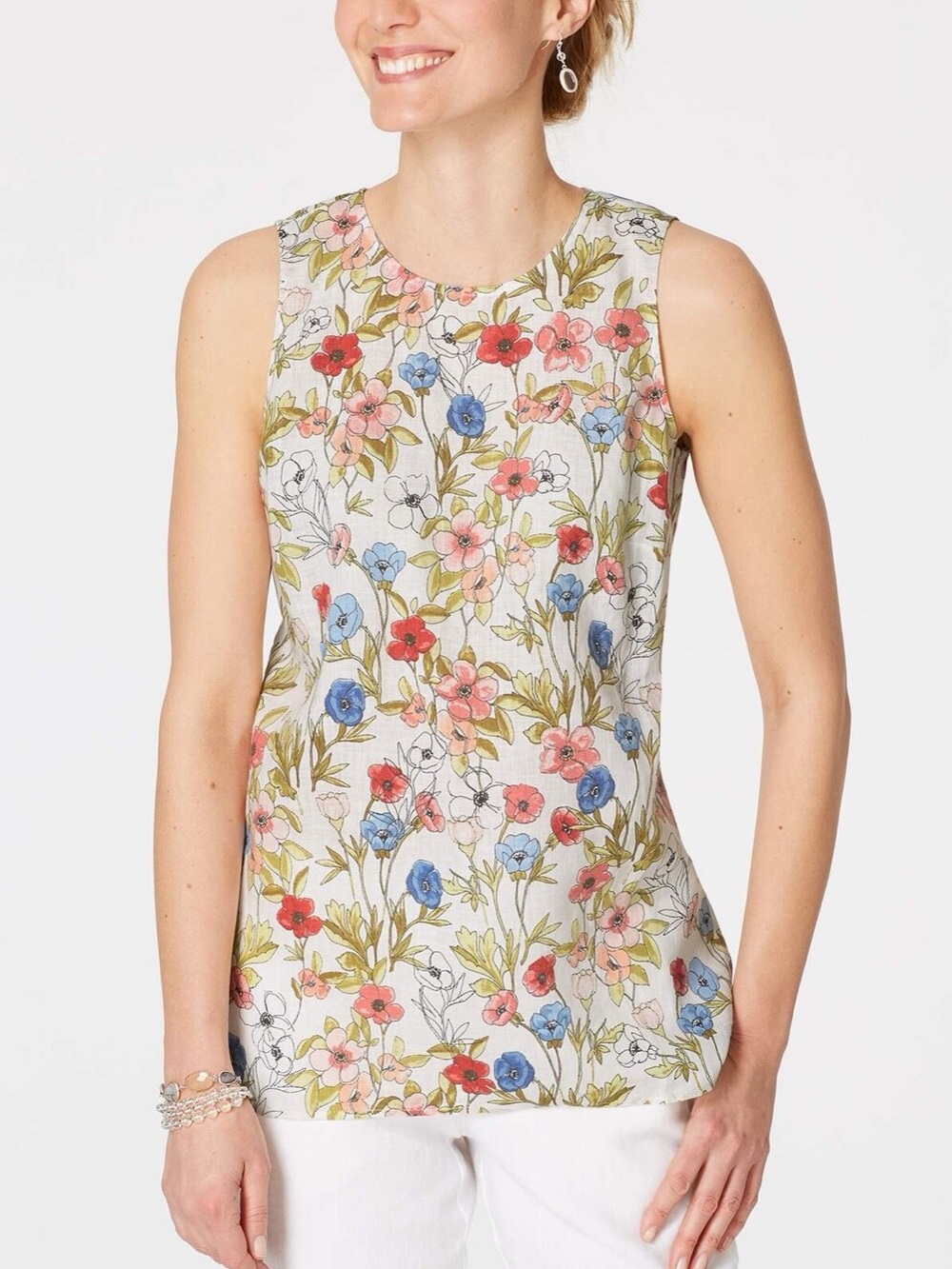 J. Jill Linen Buttoned Back Floral Sleeveless Top Size Large Coastal Vacation
